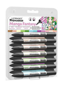 An image of the package of the Letraset 'Promarker Fantasy Set' with my designed manga character.