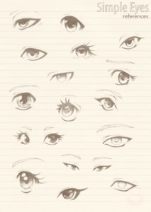 A sheet with various examples for manga eyes drawn with a pencil.
