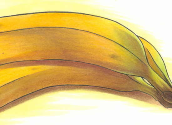 A banana illustration coloured with markers.