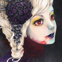 A portrait of a vampire character drawn with markers and coloured pencils.