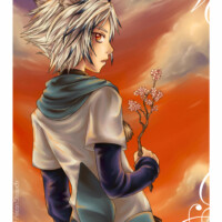 A manga cat boy drawn in Corel Painter waiting for a friend with a cherry blossom twig.