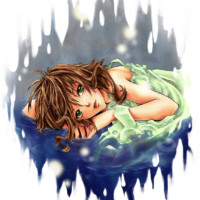 A manga girl floating in water, coloured in Corel Painter.