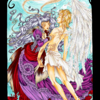 A fantasy image displaying a human moth and an angel coloured with markers.