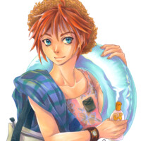 A manga boy with his swim ring going to the beach, coloured with markers.