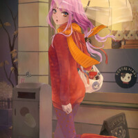 A pink haired girl running through the rain in the autumn.