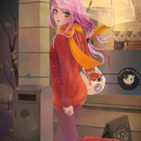 A pink haired girl running through the rain in the autumn.